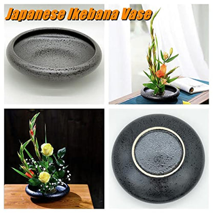 Japanese Ikebana Vase Kit, Ceramics Flower Pot Flower Shallow Container Flowerware with 2inch Flower Frog, 4inch Vase Base and Flower Arrangement - WoodArtSupply