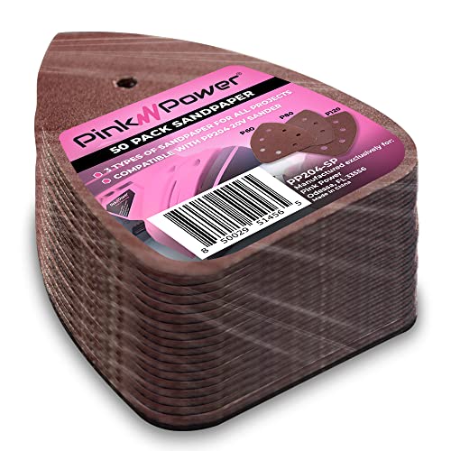 Pink Power Sandpaper for 20V PP204 Cordless Electric Hand Sander - Detail Sand Paper Hook & Loop P60/P80/P120 Grit Sandpaper Pads for Wood, Pink Power