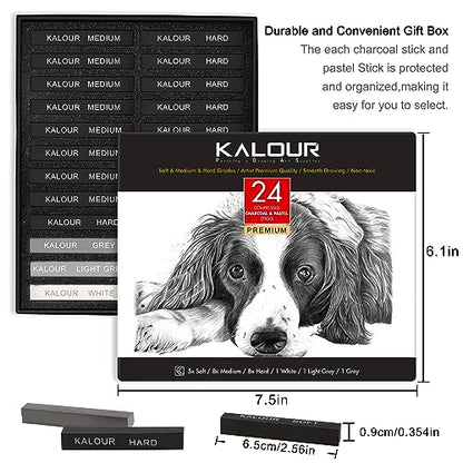 KALOUR 24 Pro Charcoal Drawing Set - Soft,Medium,Hard Charcoal and White Charcoal - Charcol Sticks for Drawing Sketching Shading - Art Supplies Gift - WoodArtSupply