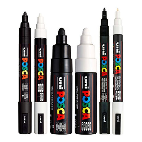 POSCA Black & White Bullet Tip - Set of 6 Pens (PC-5M, PC-7M, PC-3M) posca
