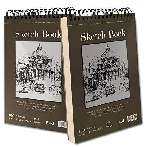 9" x 12" Sketch Book, Top Spiral Bound Sketch Pad, 2 Packs 100-Sheets Each (68lb/100gsm), Acid Free Art Sketchbook Artistic Drawing Painting Writing Fuxi
