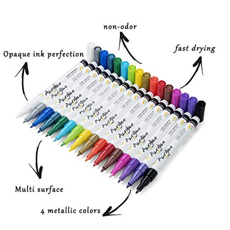 Acrylic Paint Pens for Rock Painting Set of 16 Paint Markers Extra Fine Tip for Wood, Canvas, Plastic, Ceramic, Glass, Drawing Craft Supplies for Acrylico