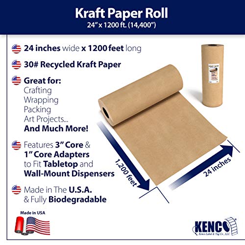 Brown Kraft Paper Roll - 24 Inch X 1200 Feet - for Gift Wrapping, Crafts, Packing, Void Filling - Made in The USA Kenco