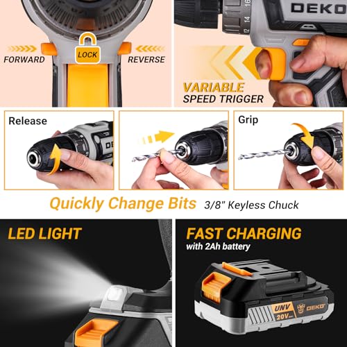 Cordless Drill Tool Kit Set: 20V Power Drill Tool Box with Battery Electric Drill Driver for Men Home Hand Repair Basic Toolbox Tools Sets Drills DEKOPRO