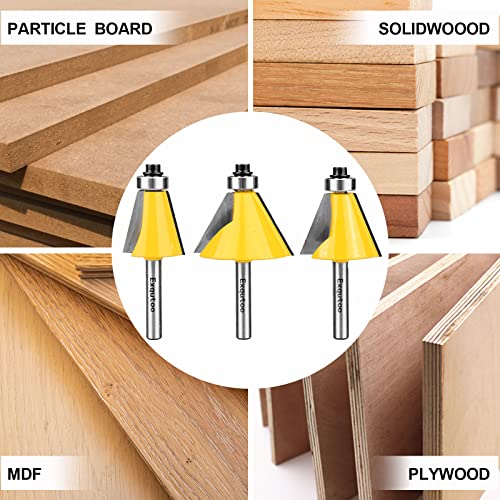 Exqutoo 3 Piece Chamfer Router Bit Set Kit, 1/4" Shank, 15, 22.5, 30 Degree Cutting Angle, 1" Cutting Length - WoodArtSupply