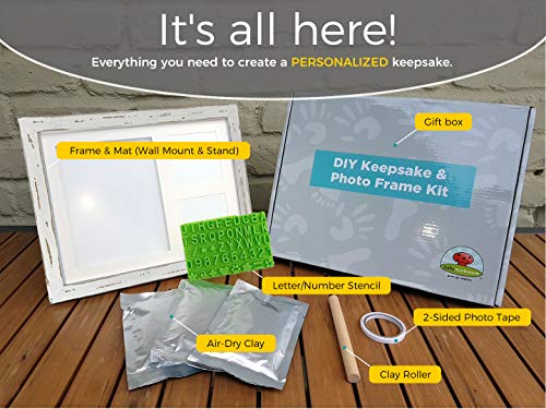 Farmhouse Baby Handprint & Footprint Picture Frame Kit - Rustic 9" x 11" Distressed Wood Photo Frame & Clay Keepsake for Newborns. Bonus Stencil for Baby Mushroom