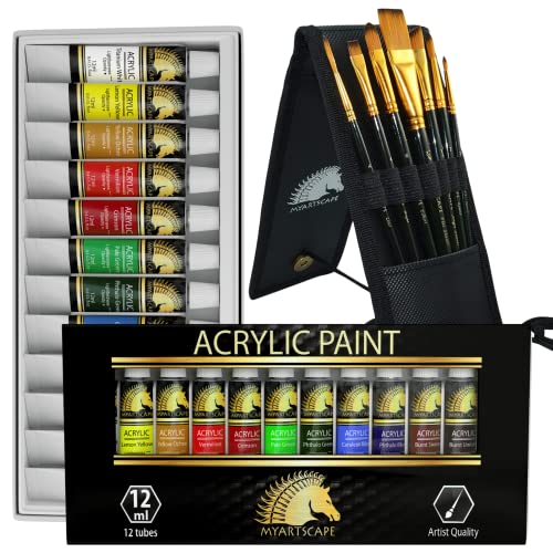 MyArtscape Artist Quality Painting Set - Acrylic Paint - 12 x 12ml Tubes with Pocket Paint Brush (Set 1) - 7 Artists' Paintbrushes - WoodArtSupply