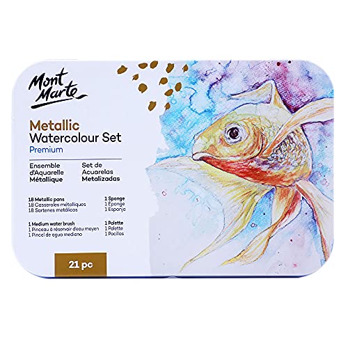 MONT MARTE Premium Metallic Watercolor Cake Set, 21 Piece, 18 Colors, 1 Water Brush, 1 Sponge, 4 Mixing Wells MONT MARTE