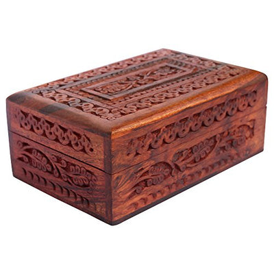 ITOS365 Handmade Wooden Keepsake Storage Case Jewelry Box Jewel Organizer - Floral Hand Carvings with Brass Inlay - Gifts for Women, 6 x 4 Inches