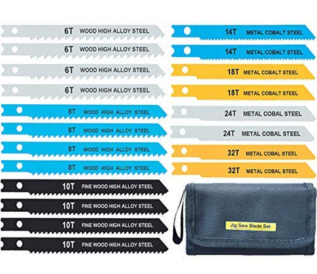 20-Piece Universal Jig Saw Blade Set for Wood,Plastic and Metal Cutting with Tool Bag Universal Design fits All Name Brand and Import jig saws Autsmal