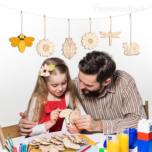 Framendino, 80 Pack Wooden Spring Ornaments to Paint DIY Blank Unfinished Wood Cutouts Ornament for Home Crafts Hanging Decorations Insect Dragonfly Framendino