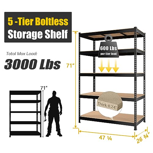 PrimeZone 47" W x 23.6" D x 71" H Large Heavy Duty Storage Shelves - 5 Tier Adjustable Garage Storage Shelving, Metal Storage Utility Rack Shelf Unit PrimeZone