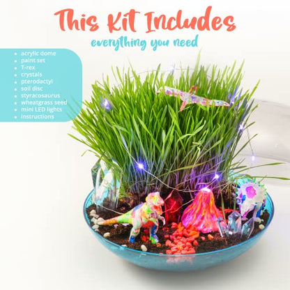 Bryte Dinosaur Light Up Terrarium Kit for Kids | Create a Dino Habitat with Real Plants, Figurines, Volcano & LED Lights | DIY Science Kit, STEM