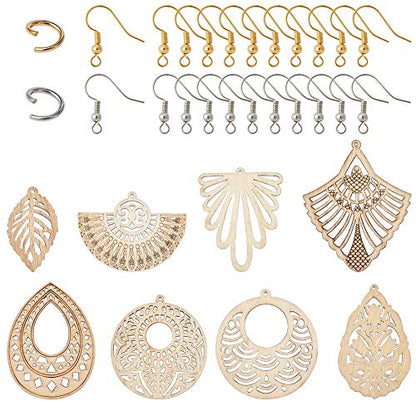 Wooden Dangle Earring Making Kit with 48Pcs Burlywood Filigree Pendants 48Pcs Jump Rings & 48Pcs Earring Hooks for DIY Craft