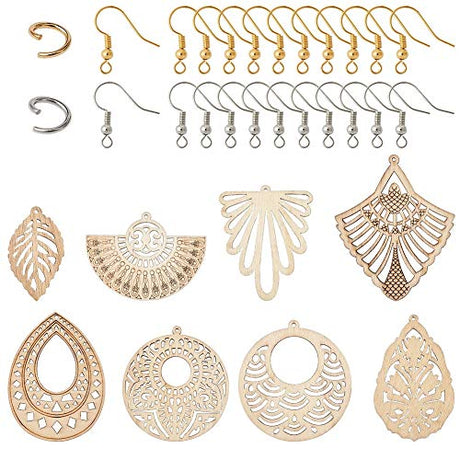 Wooden Dangle Earring Making Kit with 48Pcs Burlywood Filigree Pendants 48Pcs Jump Rings & 48Pcs Earring Hooks for DIY Craft FASHEWELRY