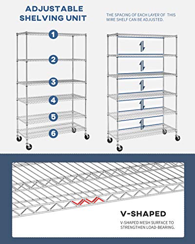 BestOffice 18x48x72 Wire Shelving with Commercial Wheels 6-Shelf Adjustable Heavy Duty Storage Shelves Metal Shelves Storage Unit Shelf,6000 LBS BestOffice