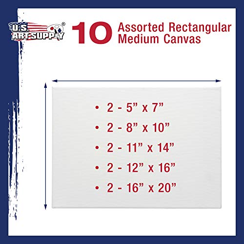 U.S. Art Supply Professional Quality Stretched Canvas, Multipack of 10 Medium Sizes, 2 Each 5x7, 8x10, 11x14, 12x16, 16x20 Inches - 12-Ounce Primed, - WoodArtSupply