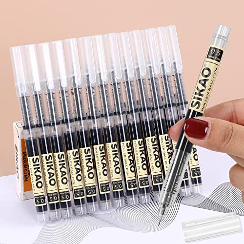 Sikao 24 Pack Black Rolling Ball Pens, Liquid Ink Rollerball Pens 0.5mm Fine Point Needle Tip for Super Smooth Writing Quick-Drying Ink No Smear Sikao