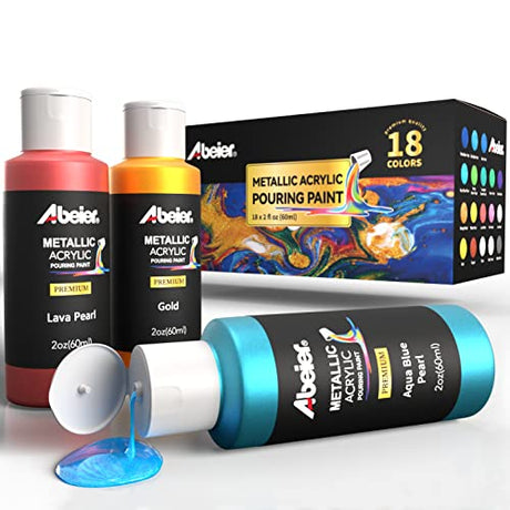 ABEIER Metallic Acrylic Pouring Paint, Set of 18 Metallic Colors Fluid acrylic paint, Pre-Mixed High Flow & Ready to Pour(18 x 2 oz./ 60 ml), Pouring Abeier