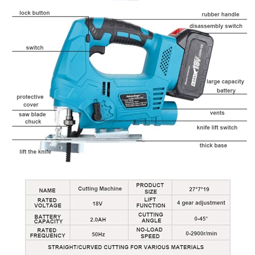 Cordless Jig Saw for Makita 18V Battery(Not Included), Variable Speed Electric JigSaws with Wood Cutter Blades and LED Light，Scale Ruler Heimerdinger