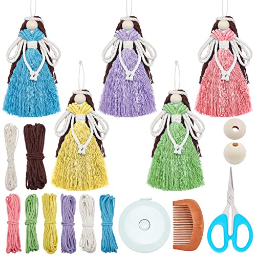 FREEBLOSS 5 Set Macrame Angel Kit Fairy Angel Hanging Ornament Boho Macrame Wall Hanging Decor Macrame DIY Kit Gift for Mom Girls Christmas Decor - WoodArtSupply