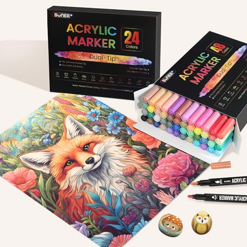 SUNEE 24 Colors Acrylic Paint Pens, Dual Tip Marker Pens with Medium Tip and Brush Tip, Paint Markers for Rock Painting, Wood, Canvas, Stone, Glass