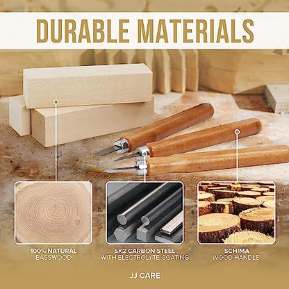 JJ CARE Wood Carving Kit [12 SK2 Wood Carving Knives with Case, 10 Basswood Carving Blocks, and 1 Grinding Stone] - Beginner Wood Carving Kit, Wood