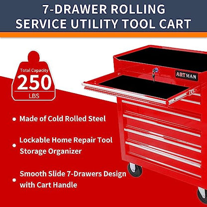 Larmliss 7-Drawer Rolling Tool Cart, Lockable Home Repair Tool Storage Organizer, Tool Box on Wheels,Tool Chest Cabinet for Mechanic, Garage - WoodArtSupply