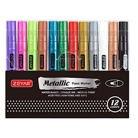 ZEYAR Acrylic Paint Pens, Metallic Colors, Water Based, Medium Point, 12 Colors, Great for Christmas Cards, Album, Rocks, Posters and all kinds of ZEYAR
