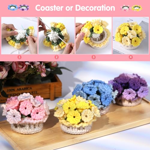 Crochet Kit for Beginners-4PCS Coaster Flower Pot Crochet Kits Coaster Crochet Starter Kit with Crochet Yarns ,Hooks, Easy Videos Tutorials to Iuuidu