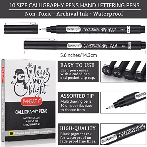 PANDAFLY Calligraphy Pens, 10 Size Calligraphy Pens for Writing, Hand Lettering, Art Drawing, Sketching, Scrapbooking, Journaling, Calligraphy Brush PANDAFLY