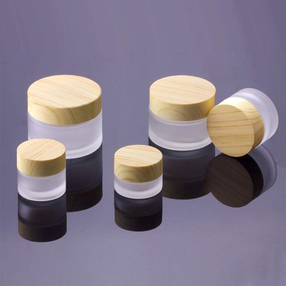 Healthcom 10 Pcs 5 Grams/5 ML Empty Frosted Glass Cream Jars Bottle Vials with Wood Grain Lid Lotion Jars Cosmetic Comtainers Refillable Glass Cream Healthcom