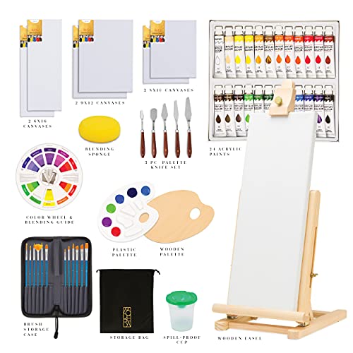 Professional Acrylic Art Paint Set | 55-Piece Premium Artist Painting Supplies Kit w/ Wooden Tabletop Easel, Paints, Brushes, Knives, Palettes, - WoodArtSupply