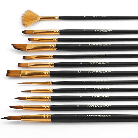 Transon Art Painting Brush Assorted Set of 12 for Acrylic Watercolor Gouache Hobby Painting TRANSON