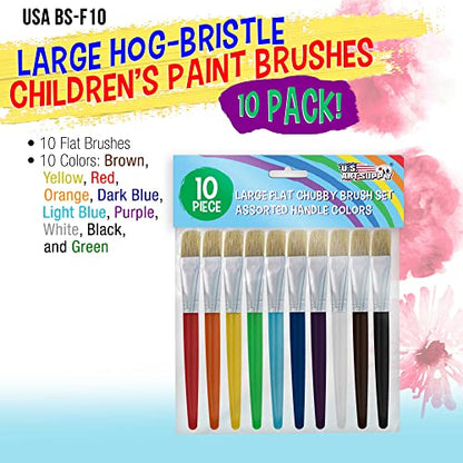 U.S. Art Supply 10-Piece Large Flat Children's Chubby Hog Bristle Tempera Paint Brush Set - Fun Kid's Party, School, Student, Class Craft Painting - - WoodArtSupply