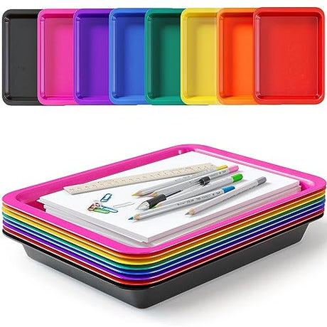 Set of 8 Kids Activity Plastic Trays - Toddler Arts and Crafts Sensory Tray - Rainbow Classroom Colors - Great for Lego - Sand - Crafts - Orbeez Dab and Dot Markers