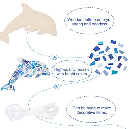 WEBEEDY Make 2 Dolphin Glass Mosaic Kit Creativity DIY Mosaic Glass Kit for Kids Adults Include Glass Mosaic Tiles, Wooden Chips, Ribbon WEBEEDY
