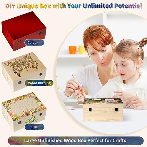 BeNiNat Large Wooden Box 14'' x 10.4'' x 6.5'' Unfinished Wood Box with Hinged Lid Wooden Boxes for Crafts,Storage,DIY, Large Keepsake Box,Wooden BeNiNat