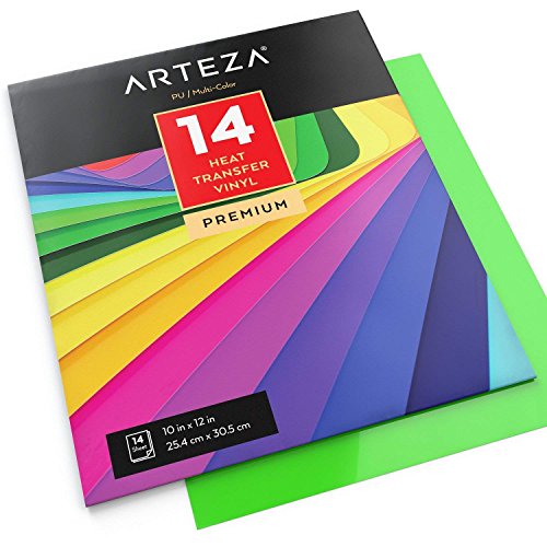 ARTEZA HTV Vinyl Bundle, 14 Multi-Color Iron On Heat Transfer Sheets, 10x12 Inches, Flexible & Easy to Weed, Use with Any Craft Cutting Machine, ARTEZA