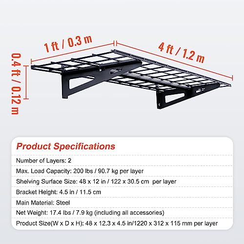 VEVOR Garage Shelving Wall Mounted, 1 x 4 ft Heavy Duty Garage Wall Shelves, 400 lbs Load Capacity Garage Storage Rack Floating Shelves, 2 Pack, - WoodArtSupply