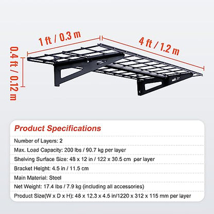 VEVOR Garage Shelving Wall Mounted, 1 x 4 ft Heavy Duty Garage Wall Shelves, 400 lbs Load Capacity Garage Storage Rack Floating Shelves, 2 Pack, - WoodArtSupply