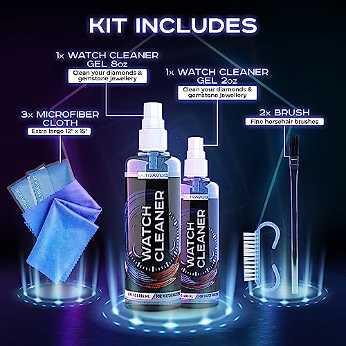 ULTRAVUE Watch Cleaning Kit - Cleans All Watches and Jewelry Including Metals, Crystals and Rubber - 1 x 2oz and 1 x 8oz Watch Cleaner Gel Spray, 3 x ULTRAVUE