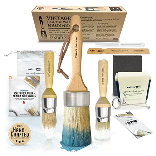 Vintage Tonality Pro Chalk & Wax Paint Brush Set for Painting & Repurposing Furniture, 12 PCS Kit, Works with Chalk & Milk Paints, Wax, Home Decor - WoodArtSupply