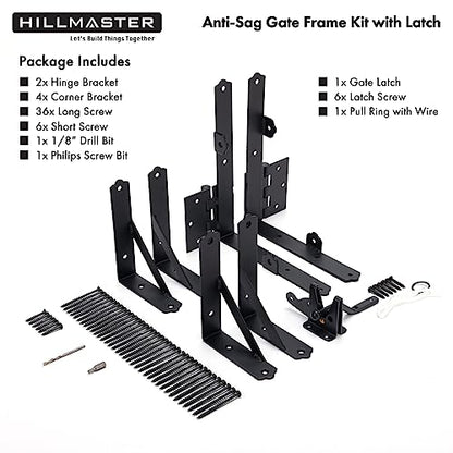 HILLMASTER 2 Set Anti Sag Gate Frame Kit Gate Corner Brace Bracket Heavy Duty Adjustable Gate Hardware with Gate Latch for Wooden Fences,Driveway