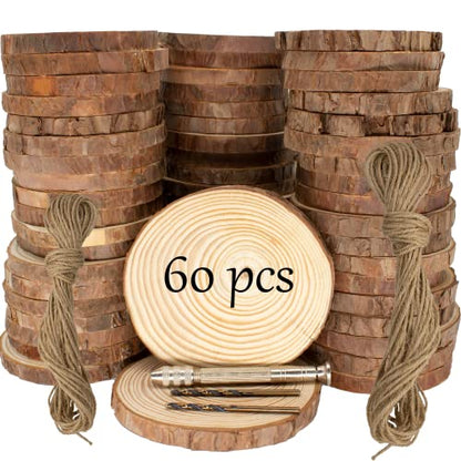 Unfinished Natural Wooden Slices 60 Pcs 3.2-4 Inch Wood Circles for Crafts DIY Christmas Ornament Craft Wood Kit with Bit,Blank Round Wood Slice with