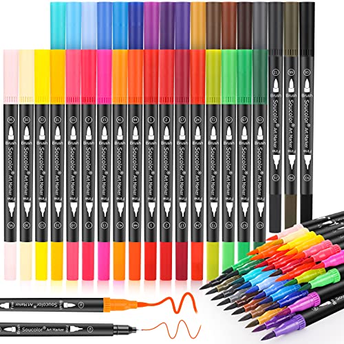 Soucolor Art Brush Markers Pens for Adult Coloring Books, 34 Colors Numbered Dual Tip (Brush and Fine Point) Marker Pen for Kids Note taking Planner