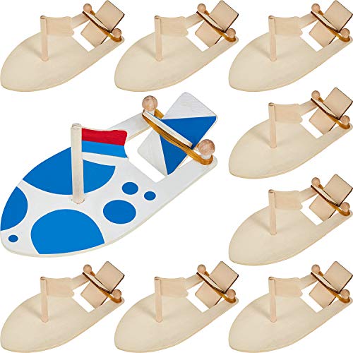 Gejoy 8 Pieces DIY Wooden Sailboat Rubber Band Paddle Boat Paint and Decorate Wooden Sailboat for Birthday Carnival Party DIY Craft Gejoy