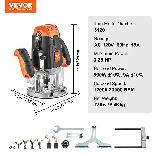 VEVOR Plunge Router, 3-1/4 HP, 120V, 12000-23000 RPM Variable Speed, Electronic Plunge Base Router, Plunge Woodworking Router Kit with Carry Case, VEVOR