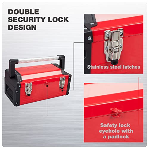 Jack Boss Metal Tool Box Steel 16" Inch Tool Organizer Box Durable Portable Tool Storage with Alum Alloy Handle Double-Lock Toolbox & Removable Tray Jack Boss