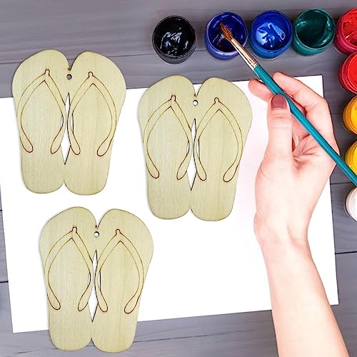 30PCS Unfinished Slipper Wood DIY Crafts Cutouts Wooden Flip Flop Shaped Hanging Ornaments with Hole Hemp Ropes Gift Tags for Hawaii Summer Holiday